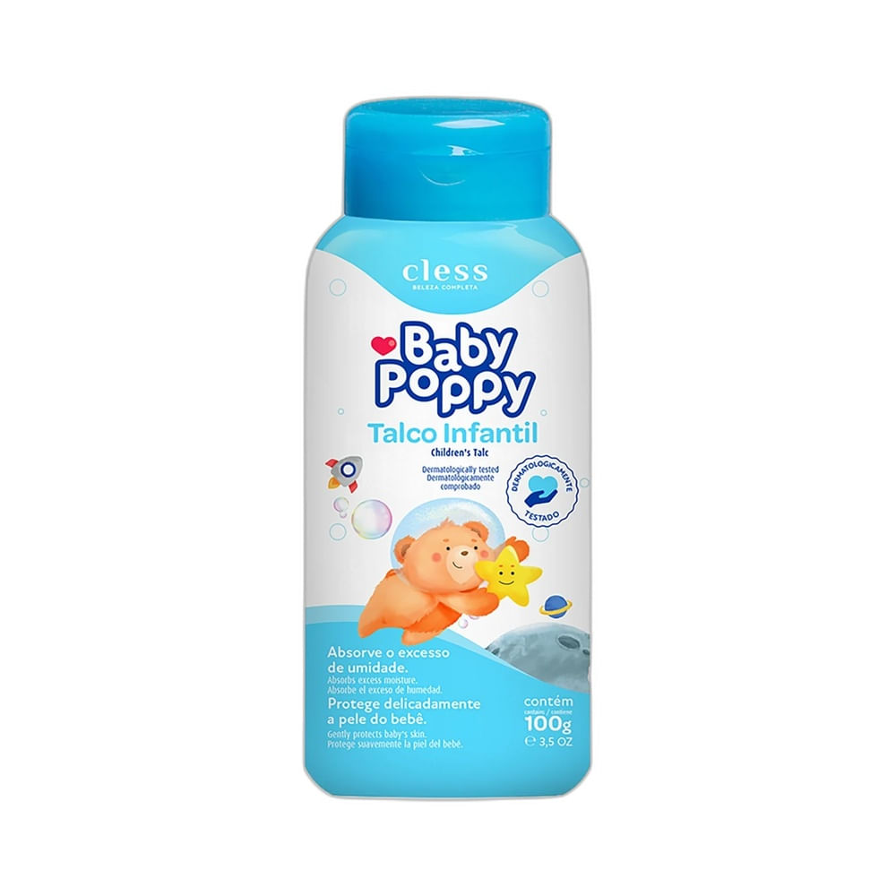Talco Baby Poppy Infantil Patinho 100g em embalagem branca com tampa azul e ilustração de ursinho